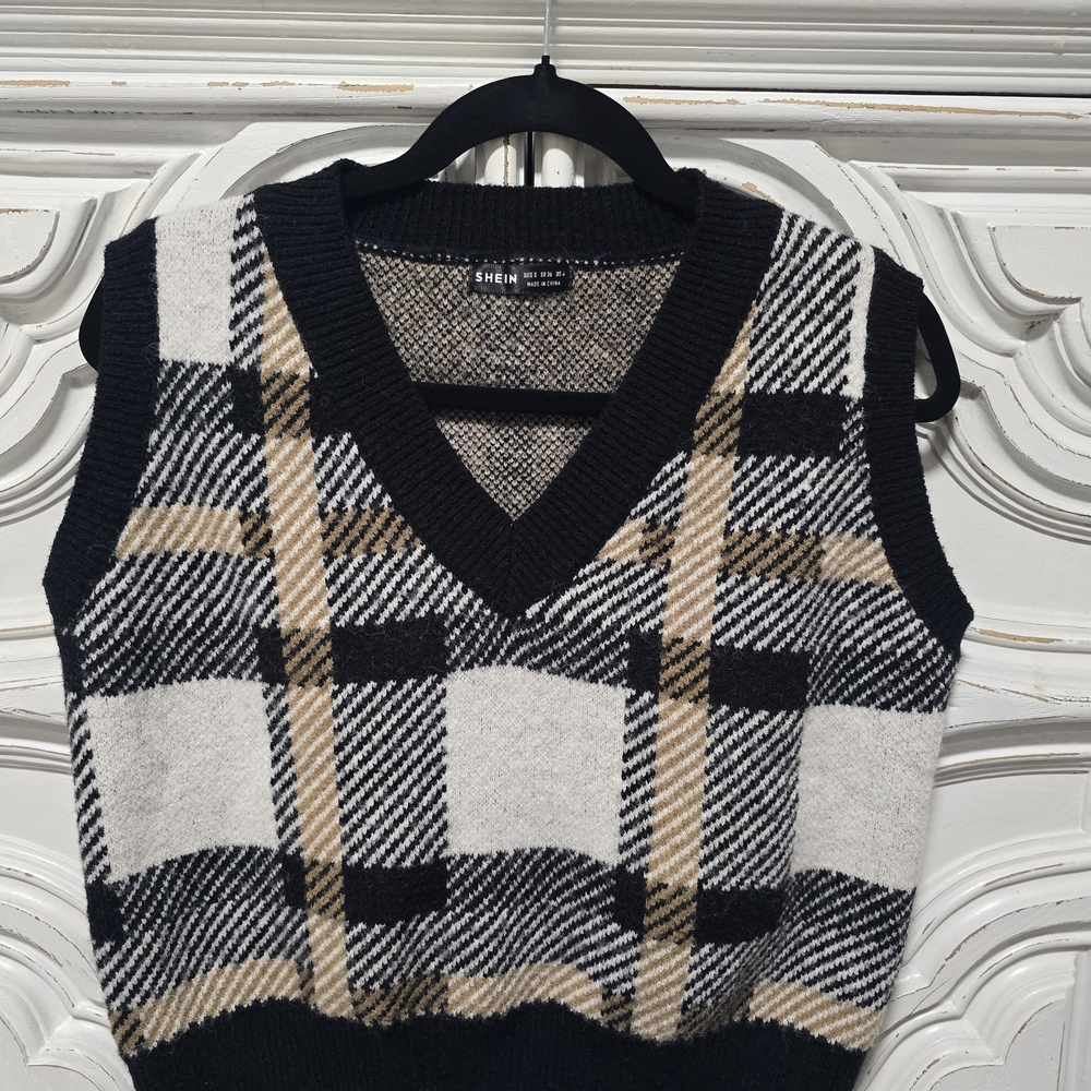 SHEIN Black Cream and Tan Plaid V-Neck Sweater Vest